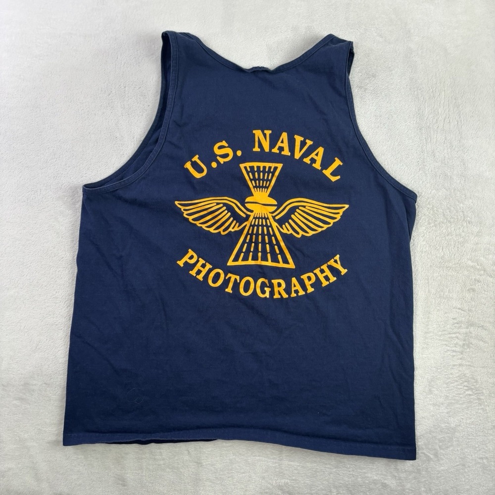 Y2K US Naval Photography Blue Sleeveless Tank Graphic Shirt Men's LG
